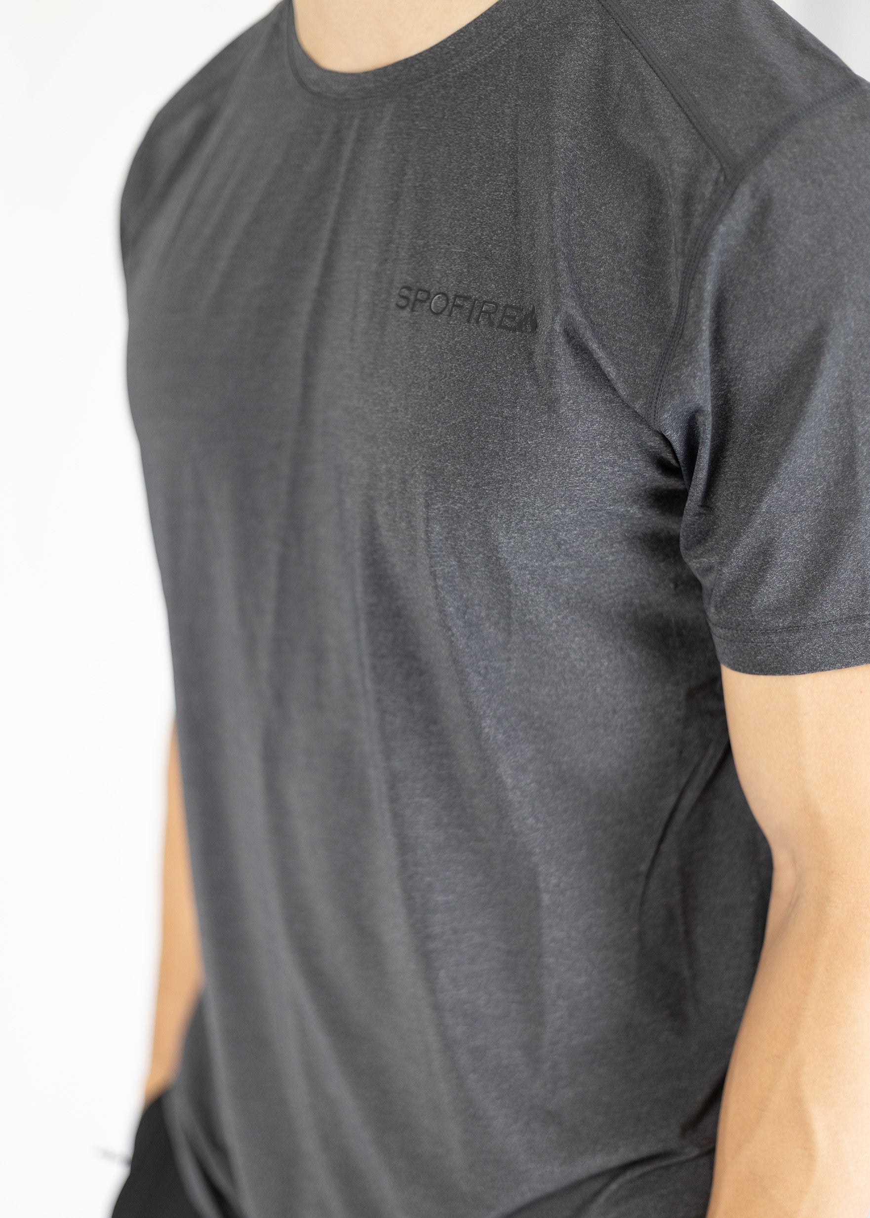 Gray t-shirt with 'spofire logo on a white background